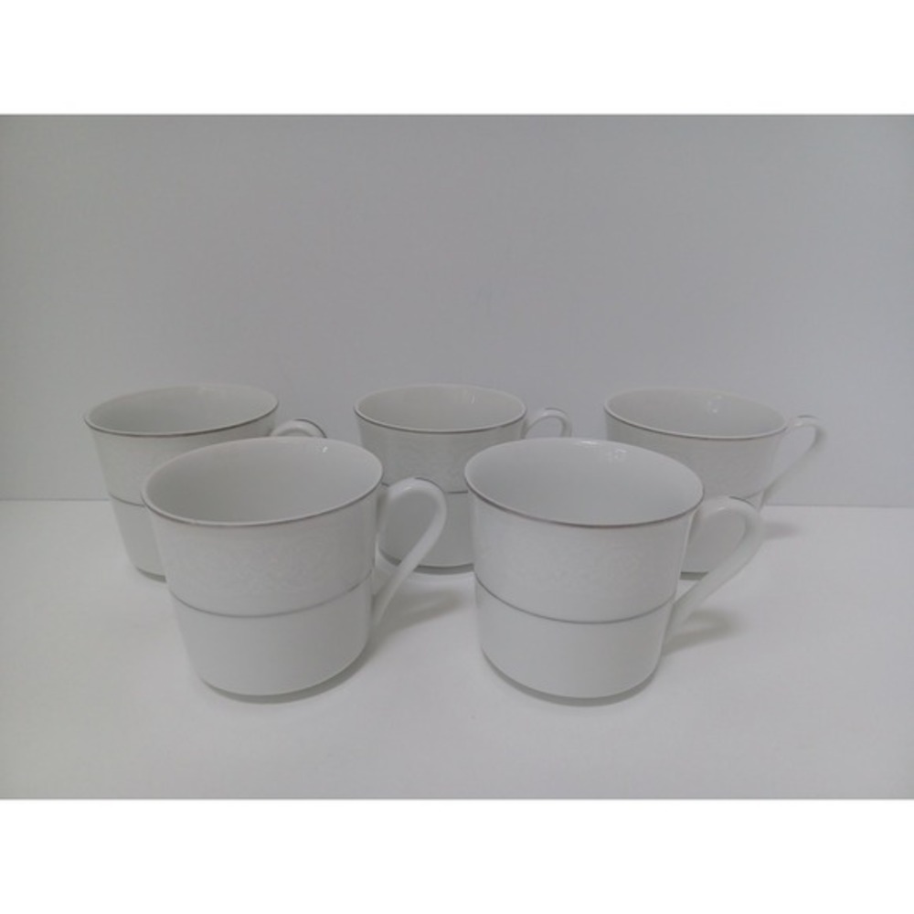 Set of 5 Southwicke White Porcelain Coffee Mugs Silver Trim Subtle Scroll Cups